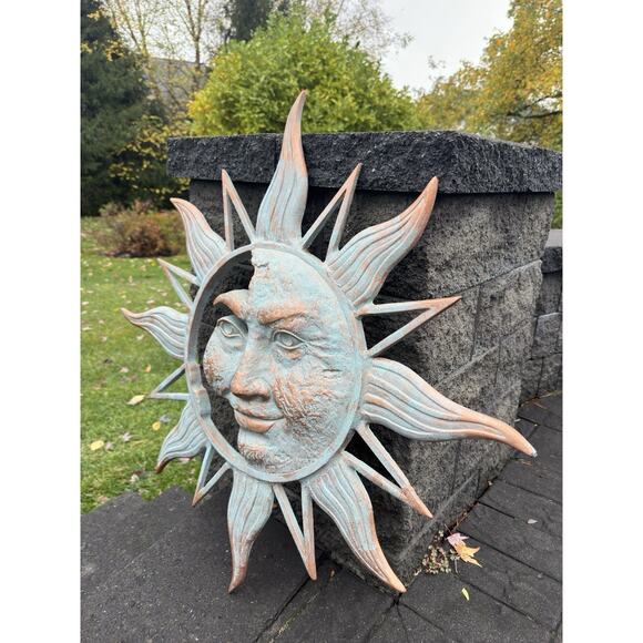 Large 34” Half Face Sun Wall Plaque Aluminum Sculpture Verdigris Finish - Picture 1 of 10